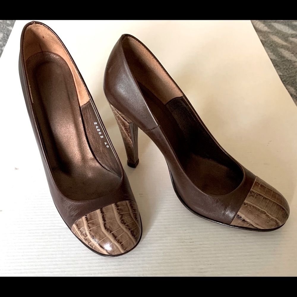 Brown real leather shoes light brown croc print capped toe & croc print heels 10